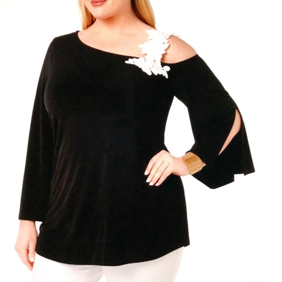 Alfani One-Shoulder Applique Bell Sleeve Top Black White Women’s Plus Size 1X - Picture 1 of 16
